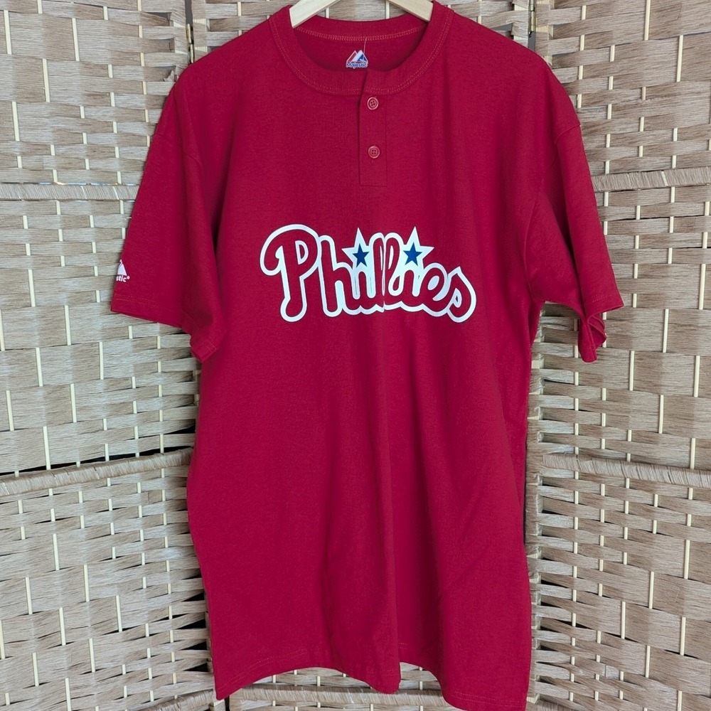 Majestic Philadelphia Phillies Baseball Henly T-Shirt Red Men's Sz XL Fan Wear